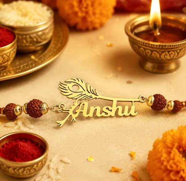 Personalized_Name_Rakhi_with_Peacock_Feather_&_Rudraksha_Beads_–_Custom_Gold_Finish_Rakhi_for_Brother