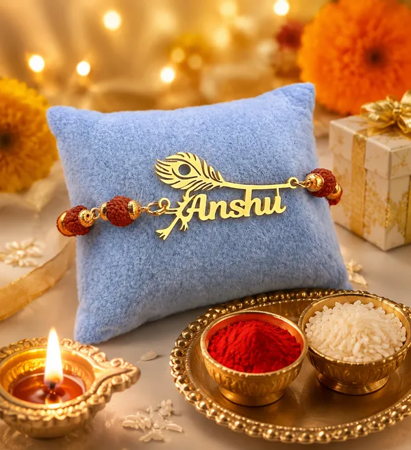 Personalized_Name_Rakhi_with_Peacock_Feather_&_Rudraksha_Beads_–_Custom_Gold_Finish_Rakhi_for_Brother