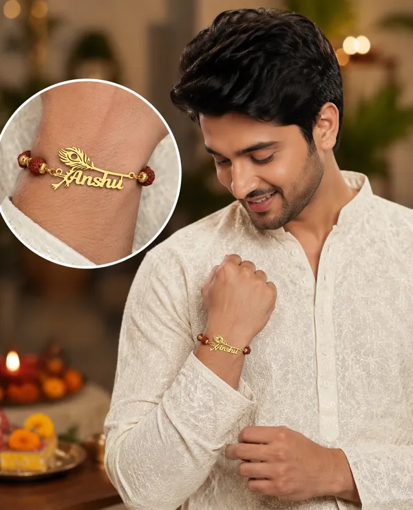 Personalized_Name_Rakhi_with_Peacock_Feather_&_Rudraksha_Beads_–_Custom_Gold_Finish_Rakhi_for_Brother