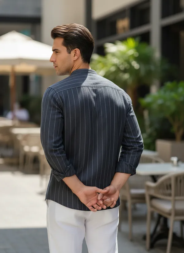 Men's_Navy_Blue_Striped_Kurta_With_Mandarin_Collar