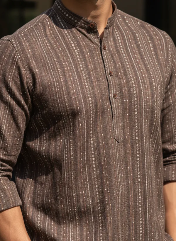 Brown_Striped_Ethnic_Kurta_With_Contrast_Collar_For_Men