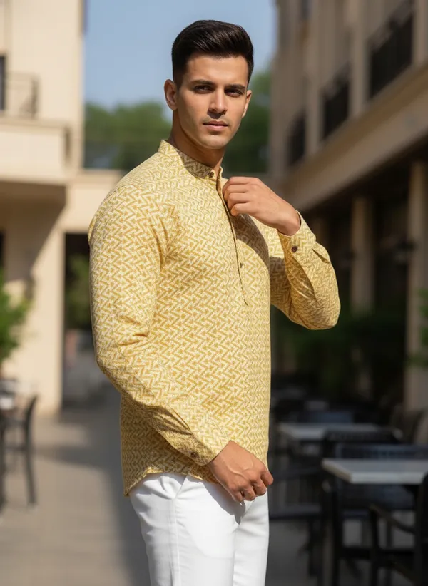Men's_Yellow_Printed_Cotton_Short_Kurta_With_Mandarin_Collar