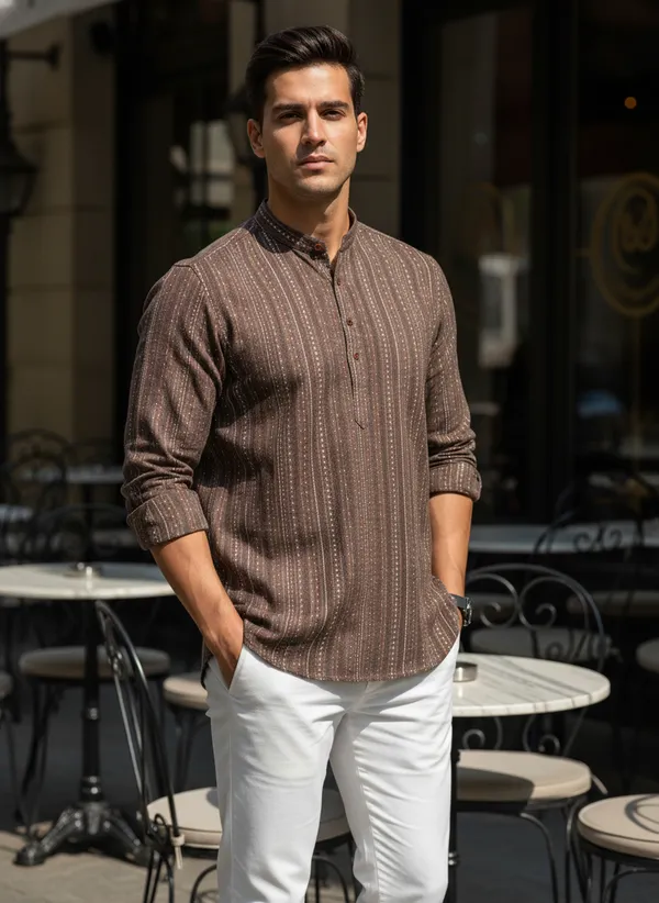 Brown_Striped_Ethnic_Kurta_With_Contrast_Collar_For_Men