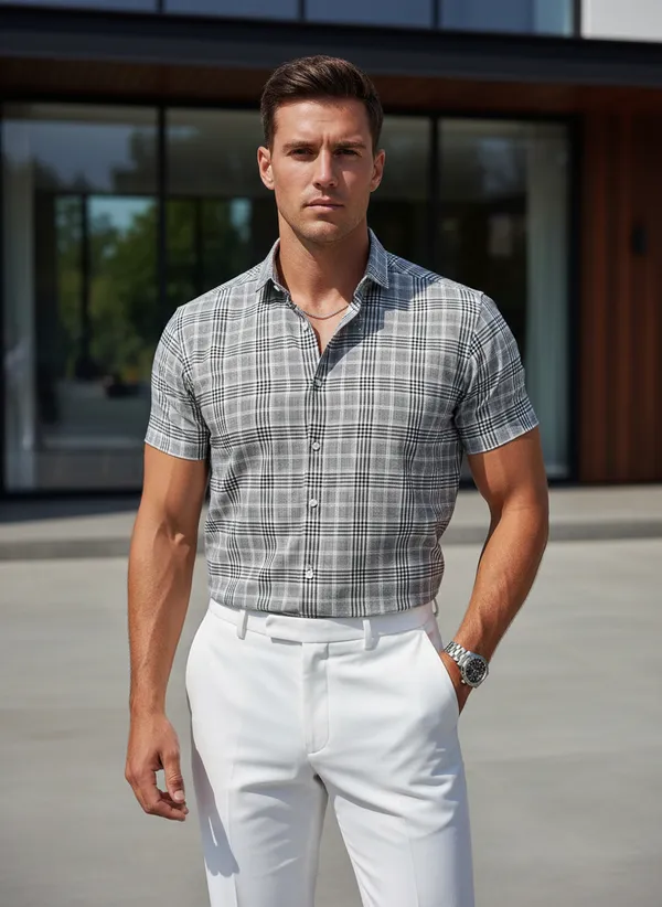 Men's_Grey_Checked_Short_Sleeve_Shirt