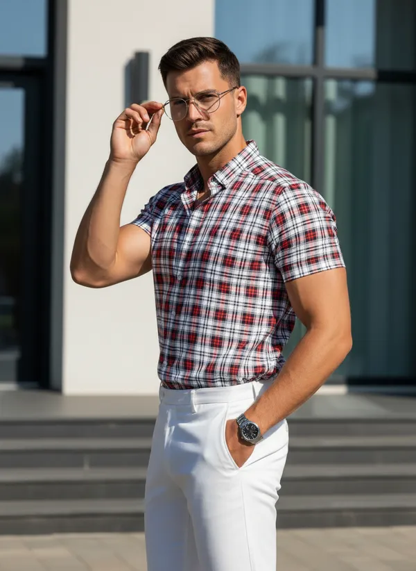 Men's_Red_And_White_Plaid_Short-Sleeve_Button-Down_Casual_Shirt