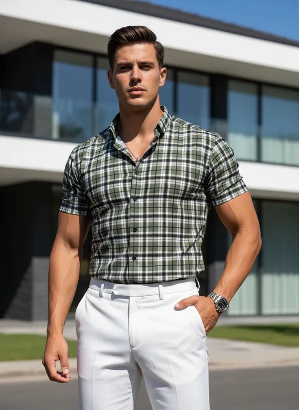 Men's_Green_And_Black_Plaid_Short-Sleeve_Shirt