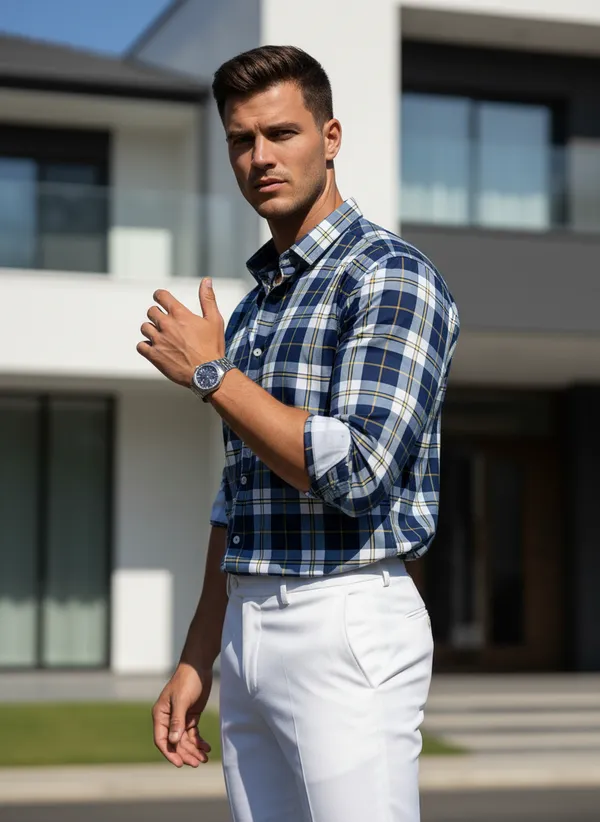 Men's_Navy_Blue_Check_Shirt_With_White_Pants_-_Smart_Casual_Outfit