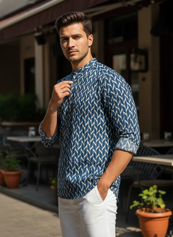 Men's_Blue_Geometric_Print_Mandarin_Collar_Cotton_Kurta