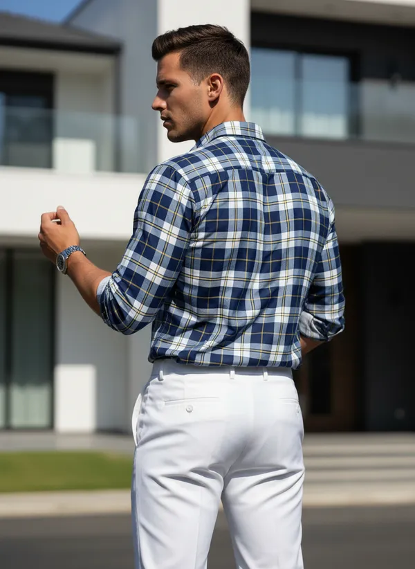 Men's_Navy_Blue_Check_Shirt_With_White_Pants_-_Smart_Casual_Outfit