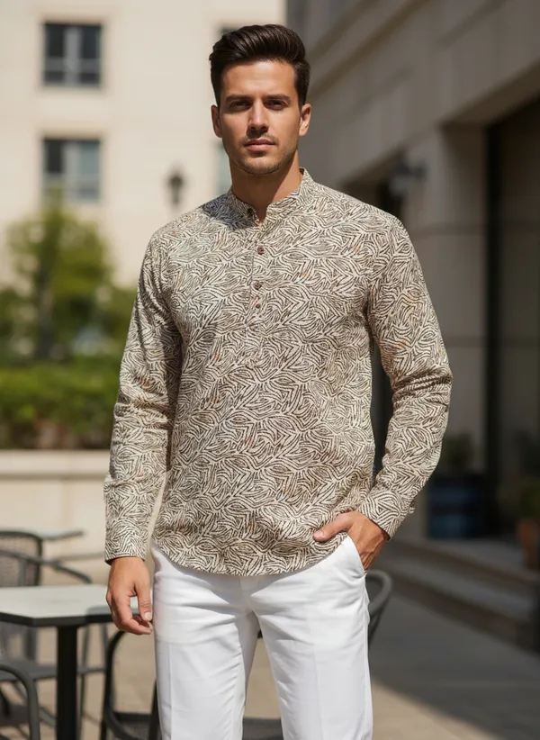 Men's_Beige_Abstract_Print_Mandarin_Collar_Cotton_Kurta