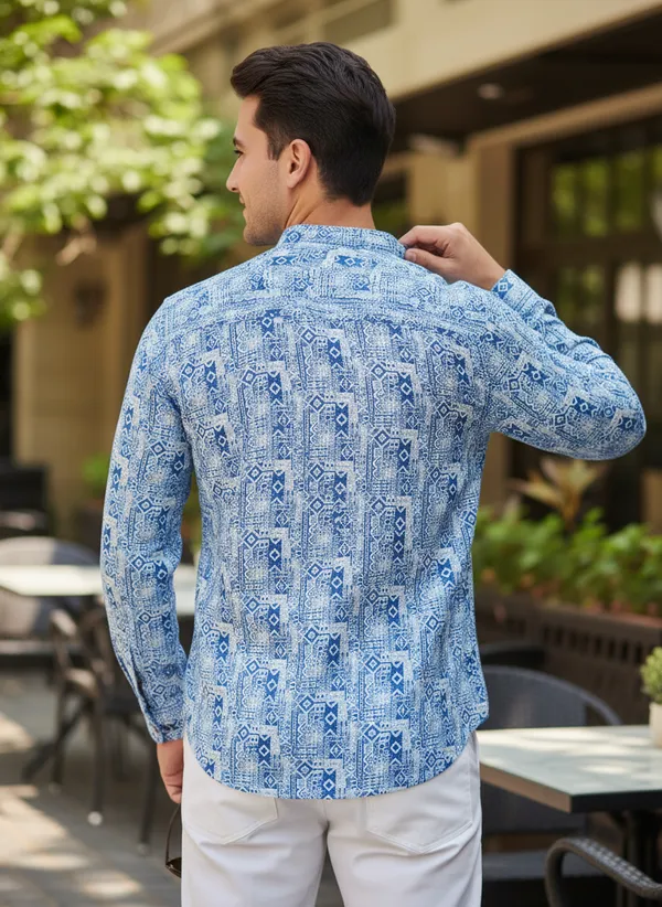 Blue_Printed_Mandarin_Collar_Long_Sleeve_Shirt_For_Men