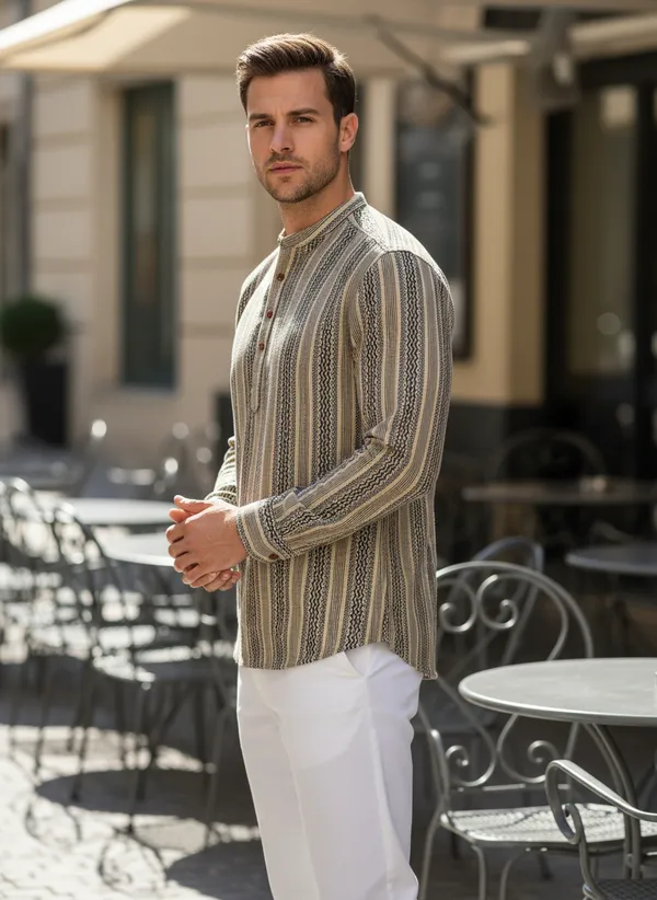 Men's_Vertical_Striped_Long_Sleeve_Casual_Shirt_-_Beige_&_Brown