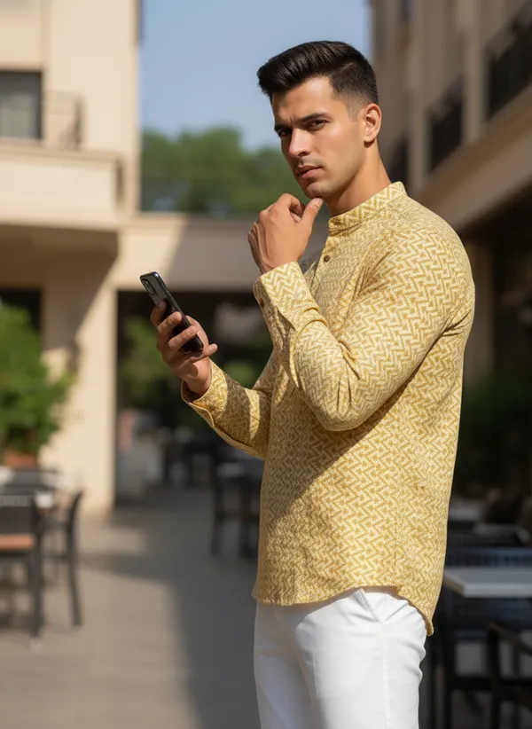 Men's_Yellow_Printed_Cotton_Short_Kurta_With_Mandarin_Collar