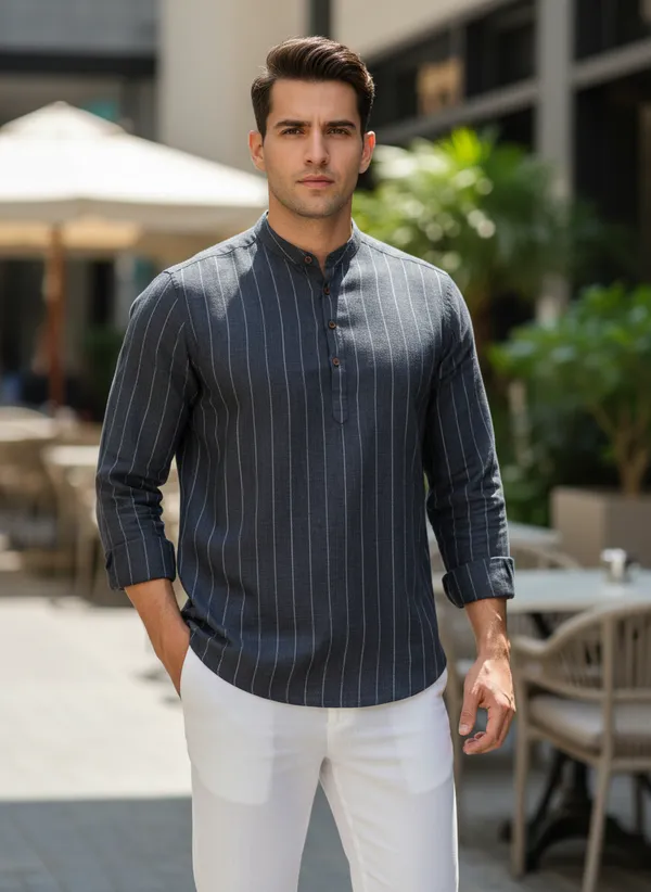 Men's_Navy_Blue_Striped_Kurta_With_Mandarin_Collar
