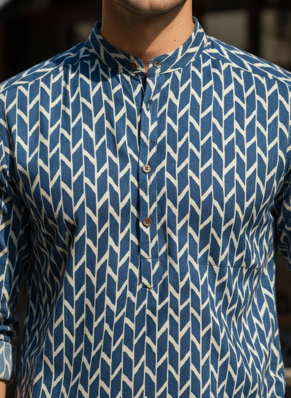 Men's_Blue_Geometric_Print_Mandarin_Collar_Cotton_Kurta