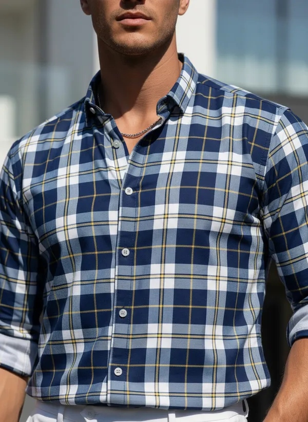 Men's_Navy_Blue_Check_Shirt_With_White_Pants_-_Smart_Casual_Outfit