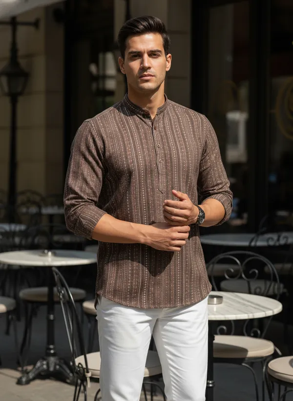 Brown_Striped_Ethnic_Kurta_With_Contrast_Collar_For_Men