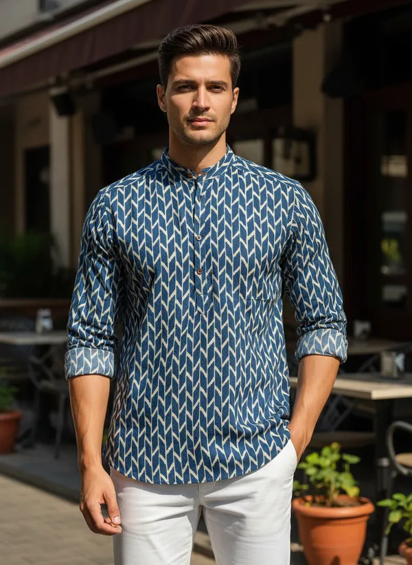 Men's_Blue_Geometric_Print_Mandarin_Collar_Cotton_Kurta