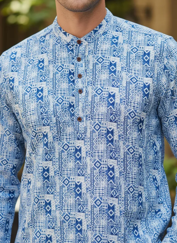 Blue_Printed_Mandarin_Collar_Long_Sleeve_Shirt_For_Men
