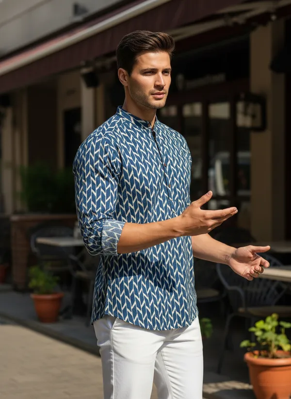 Men's_Blue_Geometric_Print_Mandarin_Collar_Cotton_Kurta