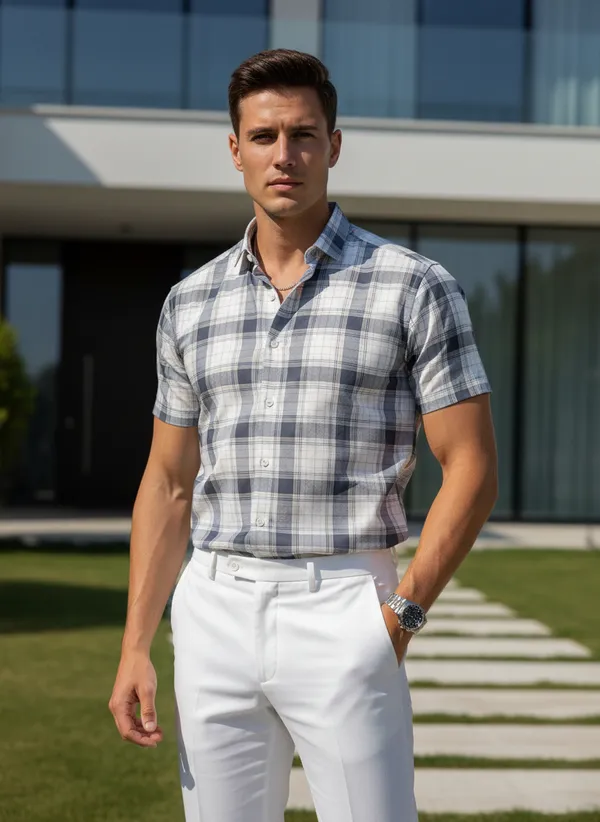 Men's_Grey_And_White_Plaid_Short_Sleeve_Casual_Shirt