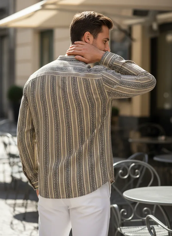 Men's_Vertical_Striped_Long_Sleeve_Casual_Shirt_-_Beige_&_Brown