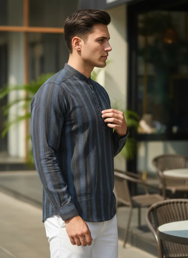 Men's_Blue_Striped_Long_Sleeve_Kurta_Shirt