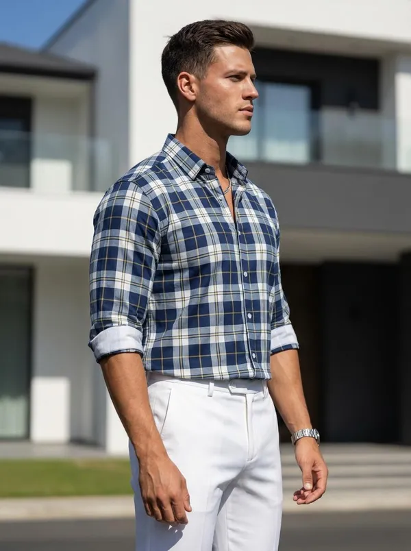 Men's_Navy_Blue_Check_Shirt_With_White_Pants_-_Smart_Casual_Outfit