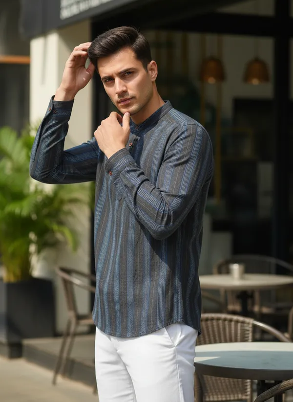 Men's_Blue_Striped_Long_Sleeve_Kurta_Shirt