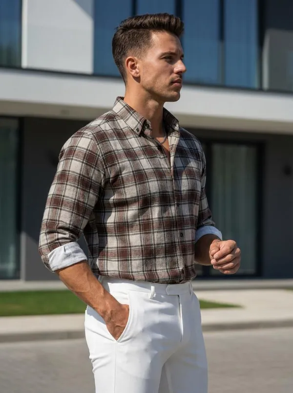 Men's_Brown_And_White_Plaid_Flannel_Shirt_With_Contrast_Collar