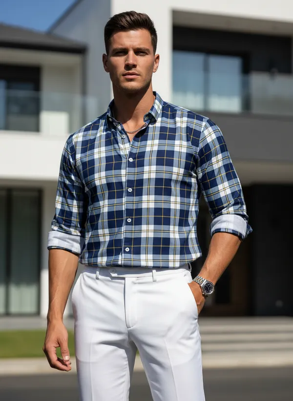 Men's_Navy_Blue_Check_Shirt_With_White_Pants_-_Smart_Casual_Outfit