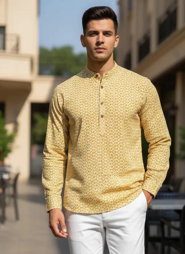 Men's_Yellow_Printed_Cotton_Short_Kurta_With_Mandarin_Collar