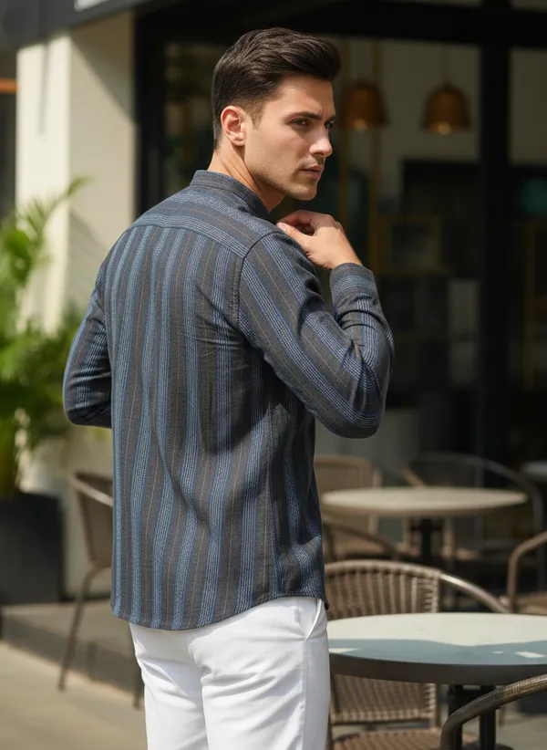 Men's_Blue_Striped_Long_Sleeve_Kurta_Shirt