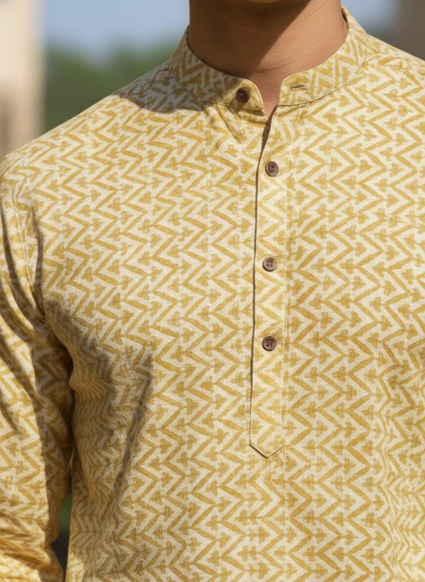 Men's_Yellow_Printed_Cotton_Short_Kurta_With_Mandarin_Collar