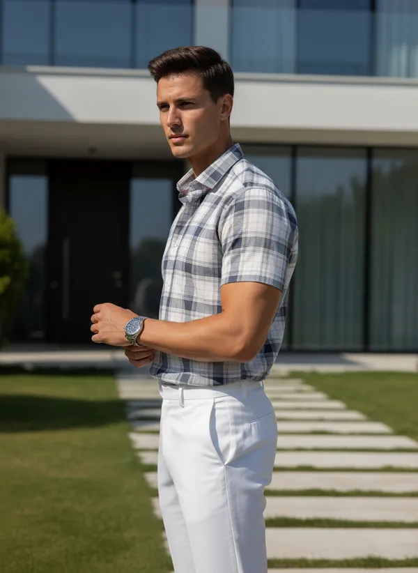 Men's_Grey_And_White_Plaid_Short_Sleeve_Casual_Shirt