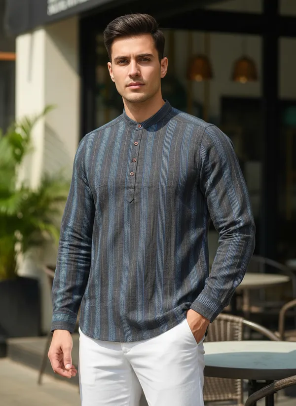 Men's_Blue_Striped_Long_Sleeve_Kurta_Shirt