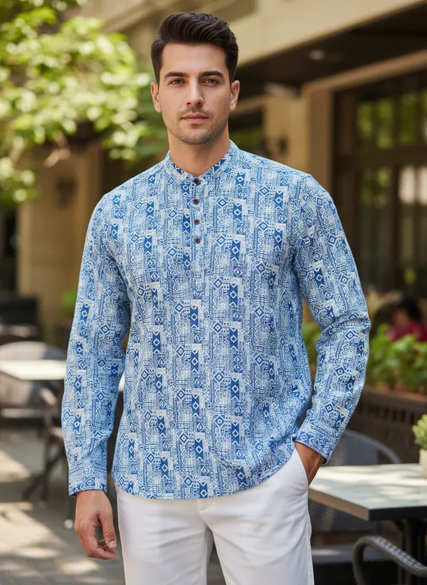 Blue_Printed_Mandarin_Collar_Long_Sleeve_Shirt_For_Men
