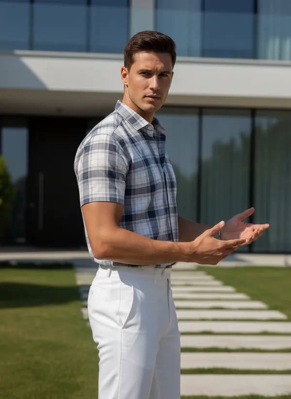 Men's_Grey_And_White_Plaid_Short_Sleeve_Casual_Shirt