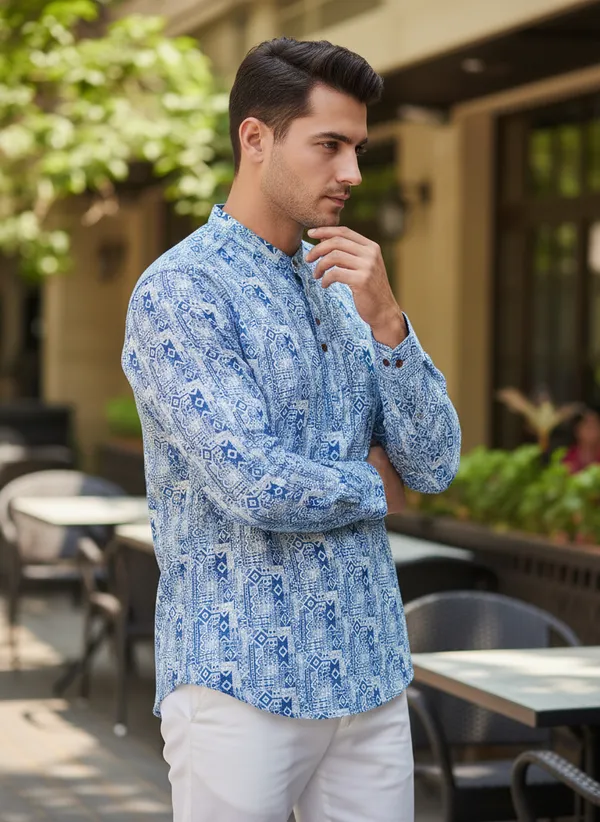 Blue_Printed_Mandarin_Collar_Long_Sleeve_Shirt_For_Men