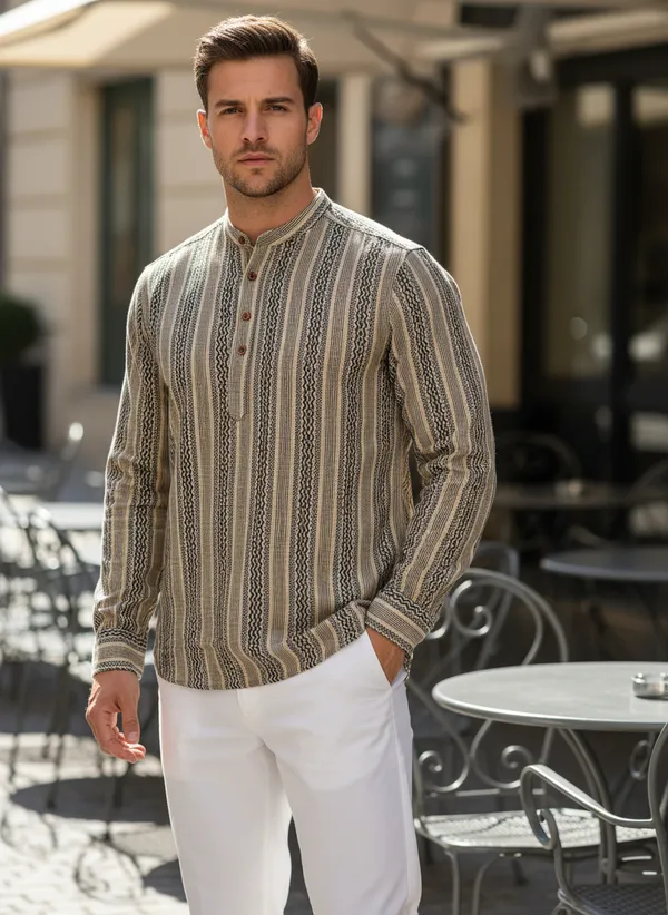 Men's_Vertical_Striped_Long_Sleeve_Casual_Shirt_-_Beige_&_Brown