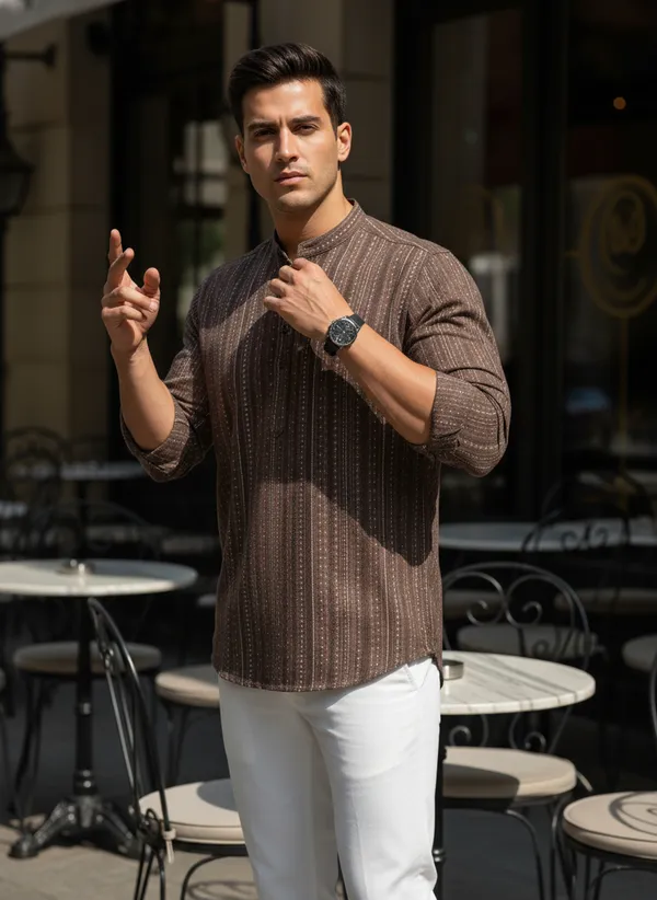 Brown_Striped_Ethnic_Kurta_With_Contrast_Collar_For_Men