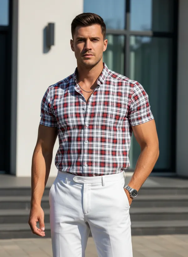 Men's_Red_And_White_Plaid_Short-Sleeve_Button-Down_Casual_Shirt