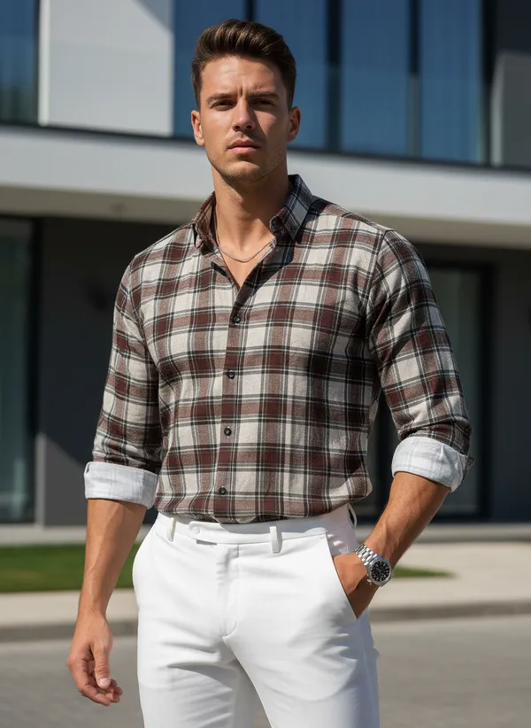 Men's_Brown_And_White_Plaid_Flannel_Shirt_With_Contrast_Collar