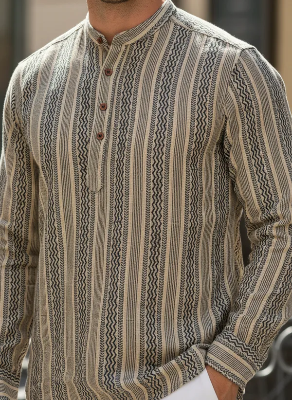 Men's_Vertical_Striped_Long_Sleeve_Casual_Shirt_-_Beige_&_Brown