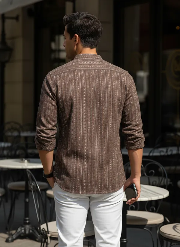 Brown_Striped_Ethnic_Kurta_With_Contrast_Collar_For_Men