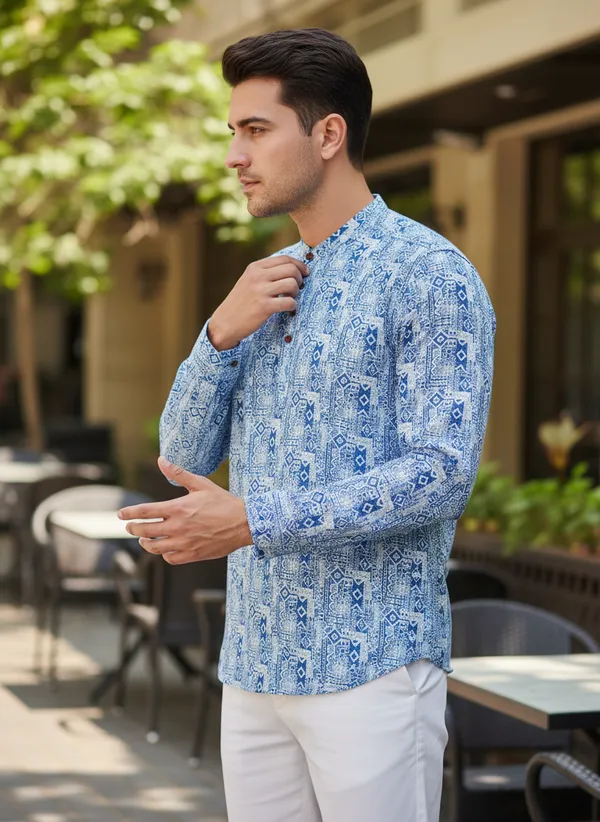 Blue_Printed_Mandarin_Collar_Long_Sleeve_Shirt_For_Men