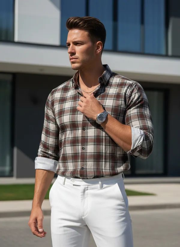 Men's_Brown_And_White_Plaid_Flannel_Shirt_With_Contrast_Collar