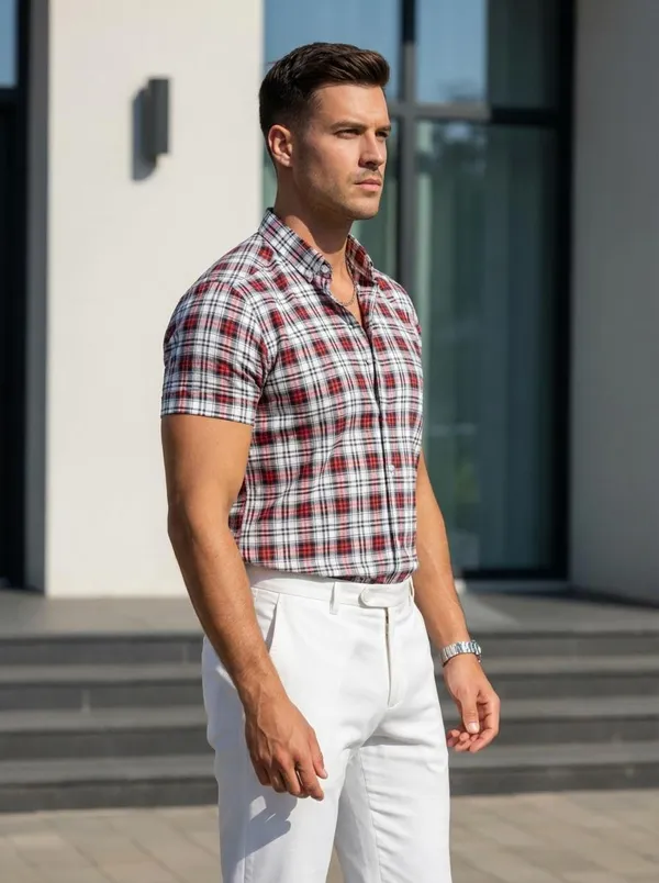 Men's_Red_And_White_Plaid_Short-Sleeve_Button-Down_Casual_Shirt
