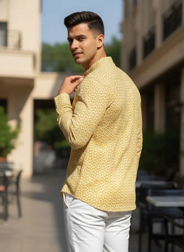 Men's_Yellow_Printed_Cotton_Short_Kurta_With_Mandarin_Collar