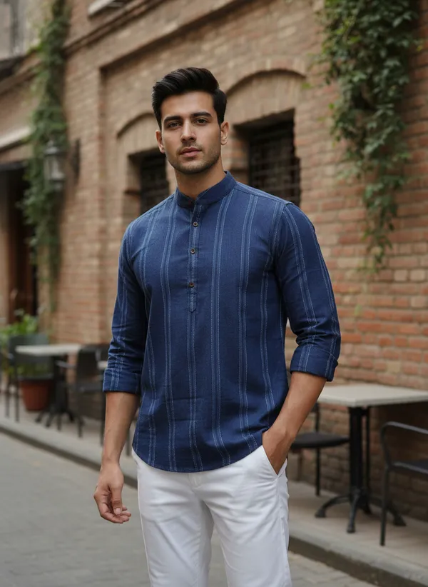 Men's_Blue_Striped_Mandarin_Collar_Full_Sleeve_Shirt